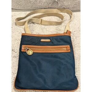 Michael Kors Navy Blue Nylon Crossbody Bag Tan Leather Trim Gold Tone Hardware